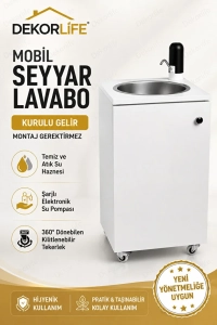 Yeni Yönetmeliğe Uygun Seyyar Mobil Lavabo Paslanmaz Evyeli 10 L Çift Hazneli Şarjlı Musluklu Tekerlekli 